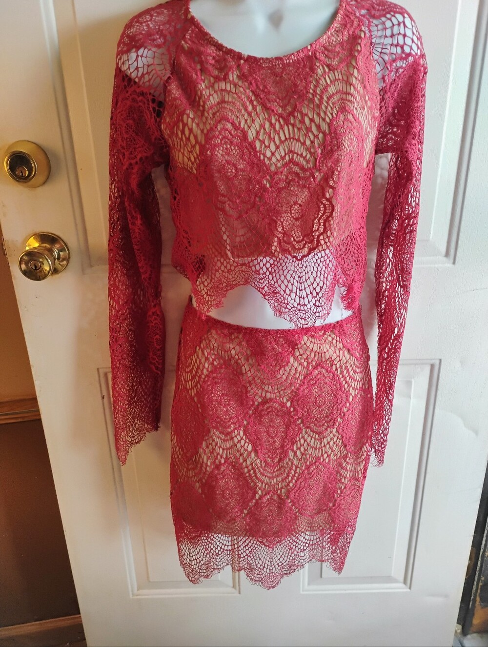 Luxxel red lace overlay top